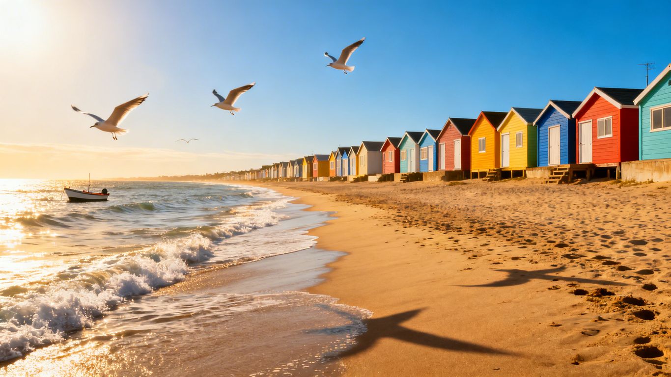 UK coastal town with beach and cottages