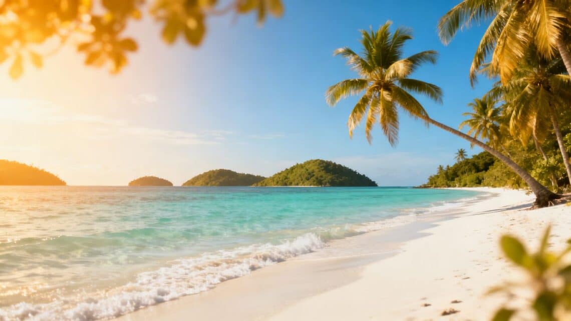 Tropical beach with palm trees and clear blue water.