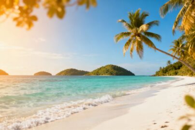 Tropical beach with palm trees and clear blue water.