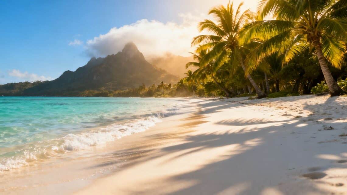 Tranquil beach with palm trees and clear blue water.