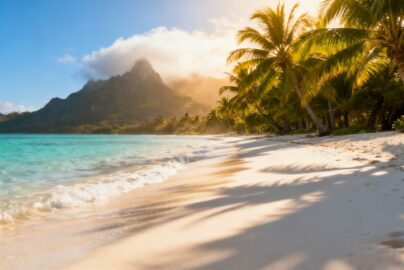 Tranquil beach with palm trees and clear blue water.