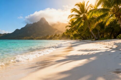 Tranquil beach with palm trees and clear blue water.