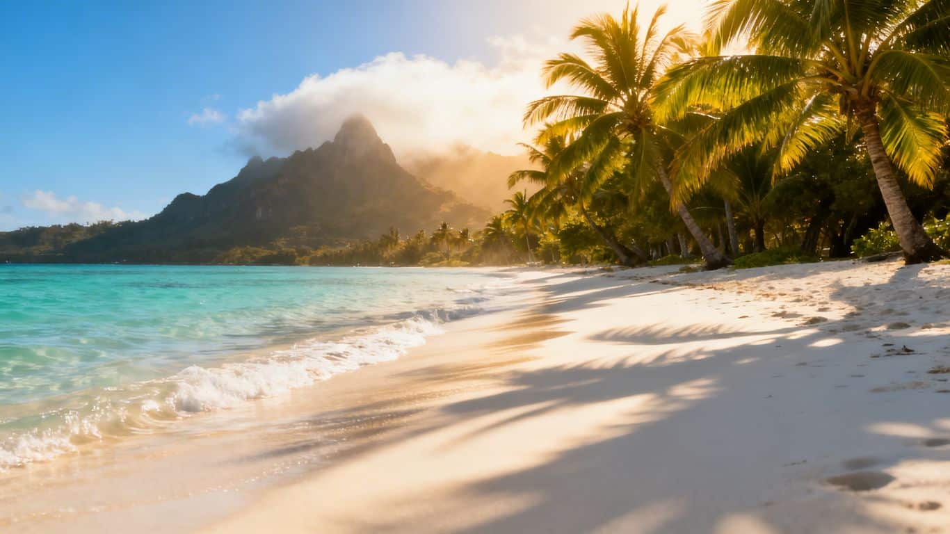 Tranquil beach with palm trees and clear blue water.