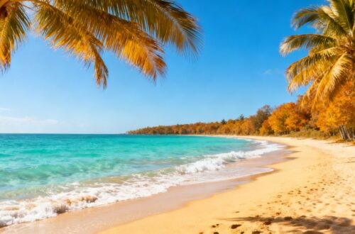 Sunny beach with palm trees and clear blue water.