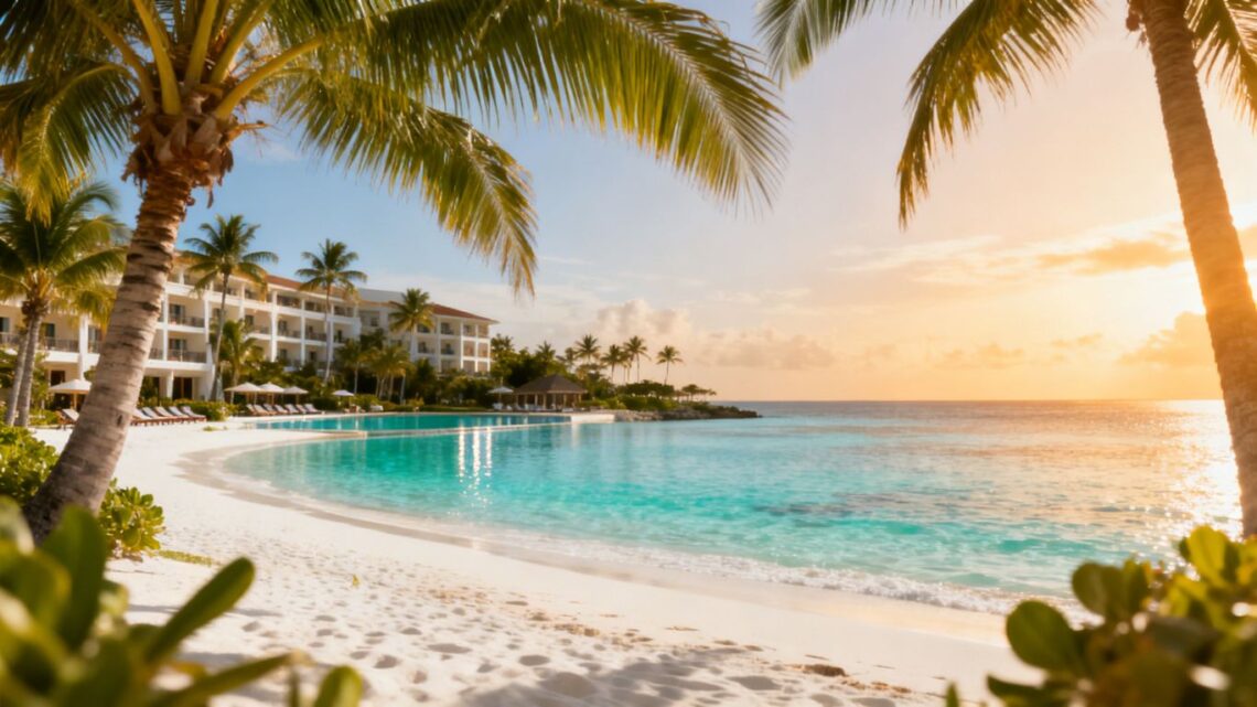Tropical beach with resort and clear blue water.