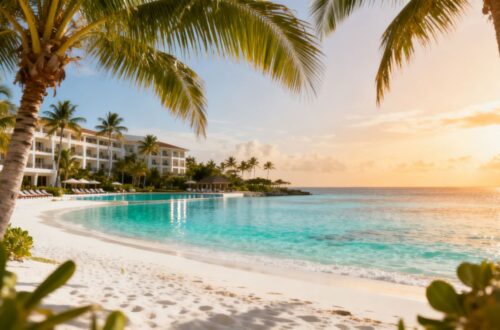Tropical beach with resort and clear blue water.