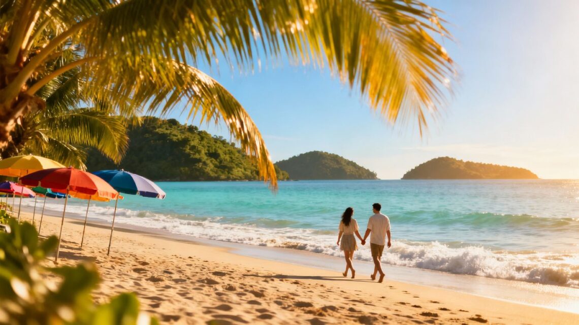 Tropical beach with palm trees and clear blue water.