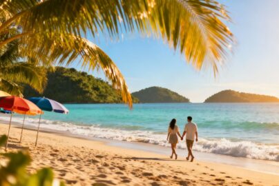 Tropical beach with palm trees and clear blue water.