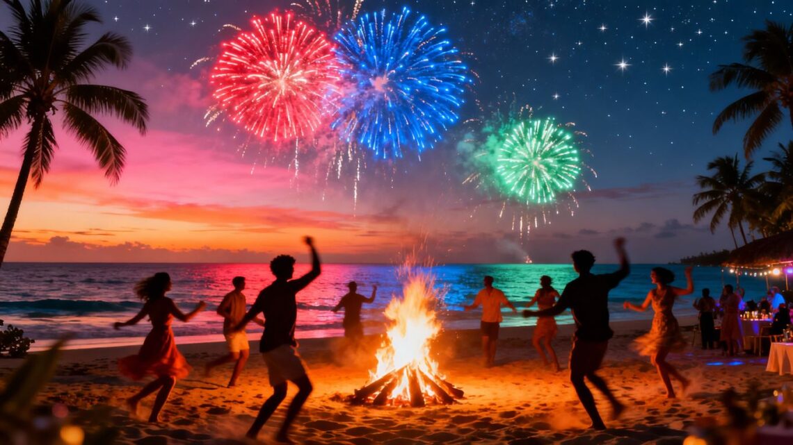 People celebrating at a beach party with fireworks.