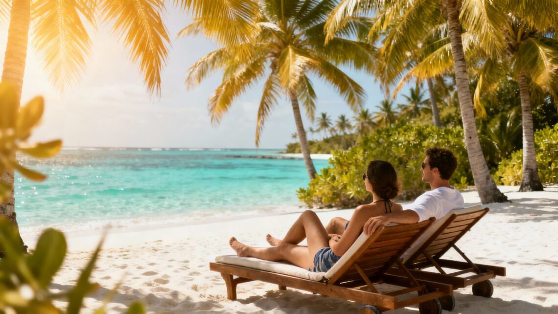 Affordable beach vacation with palm trees and ocean view.