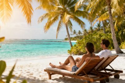 Affordable beach vacation with palm trees and ocean view.