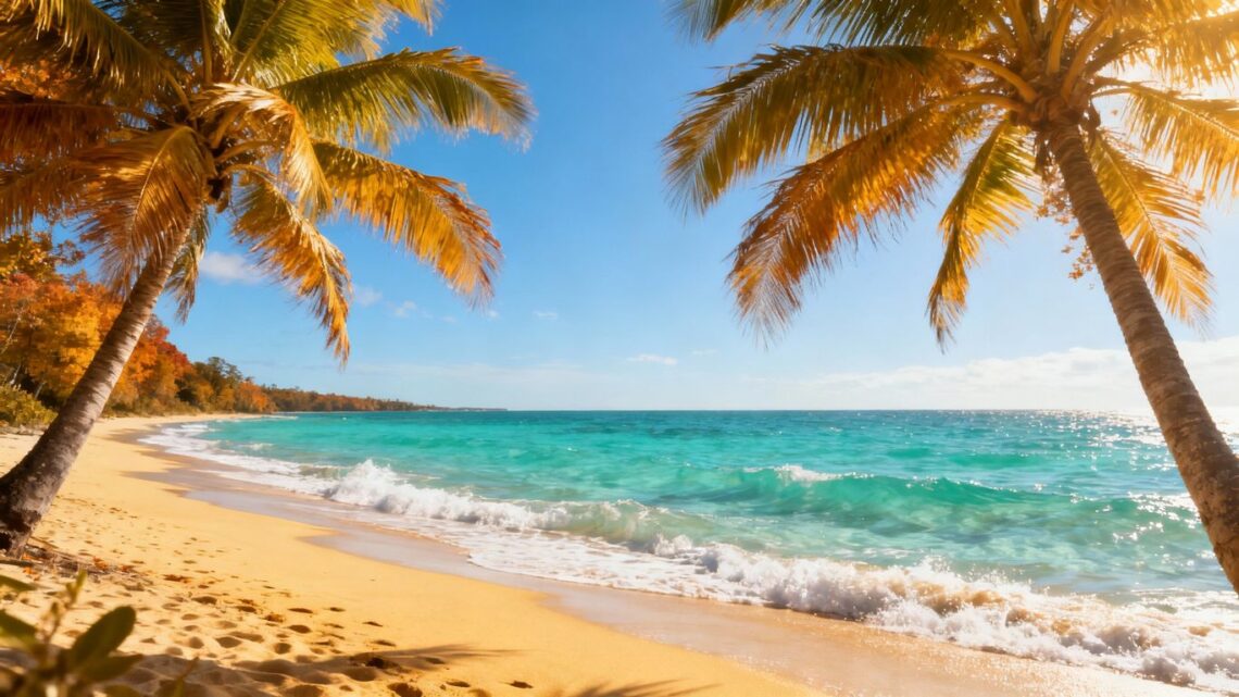 Sunny beach with palm trees and clear blue water.