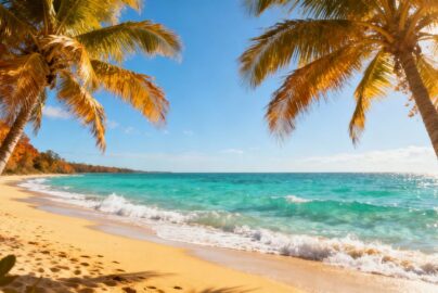 Sunny beach with palm trees and clear blue water.