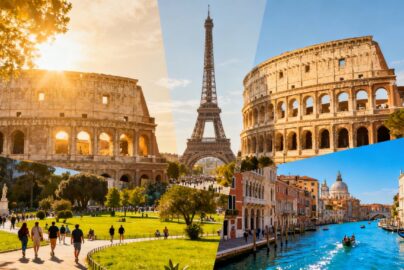 Iconic European landmarks under bright sunlight, suggesting travel.