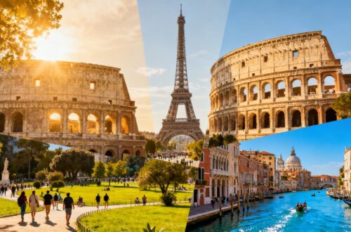 Iconic European landmarks under bright sunlight, suggesting travel.