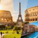 Iconic European landmarks under bright sunlight, suggesting travel.