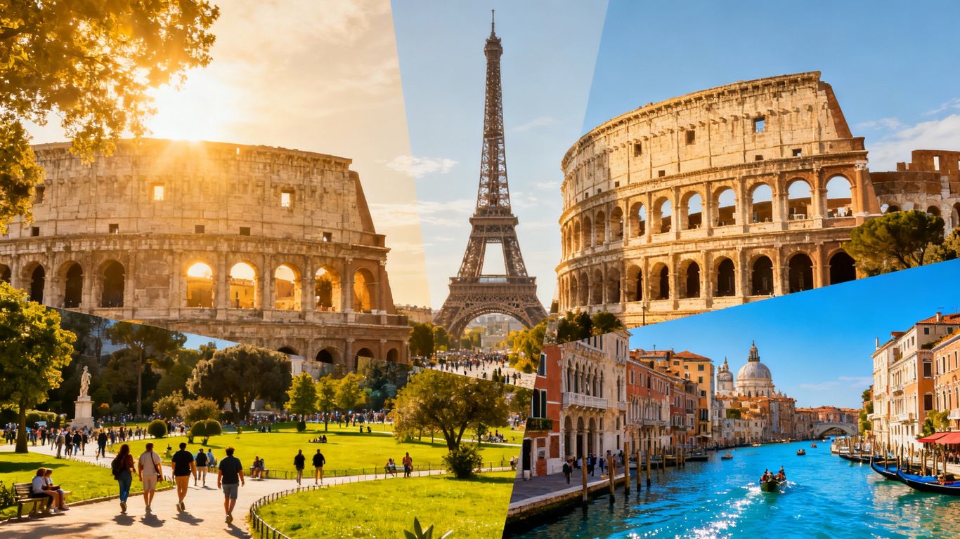 Iconic European landmarks under bright sunlight, suggesting travel.