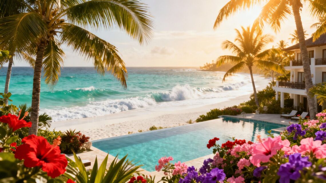 Tropical beach with palm trees and resort