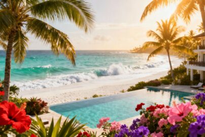 Tropical beach with palm trees and resort