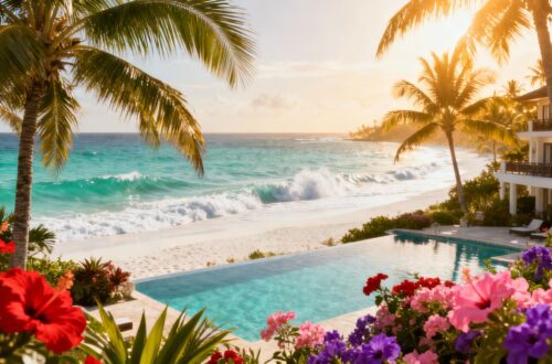 Tropical beach with palm trees and resort