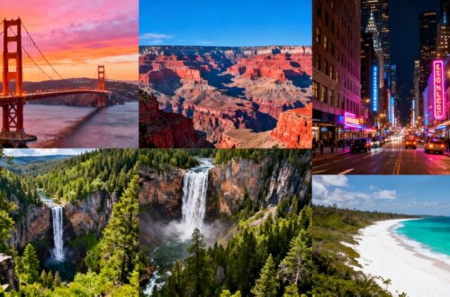 Iconic US landmarks and natural wonders collage.