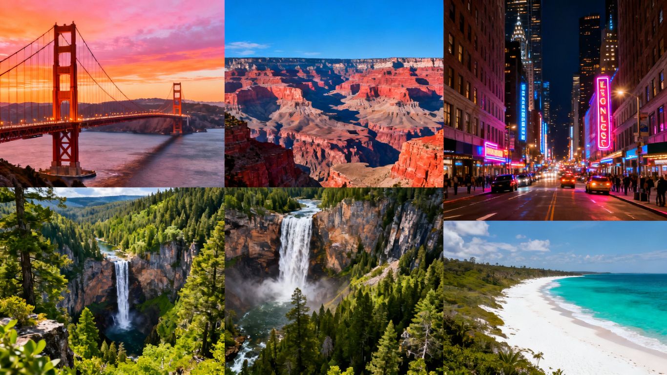 Iconic US landmarks and natural wonders collage.