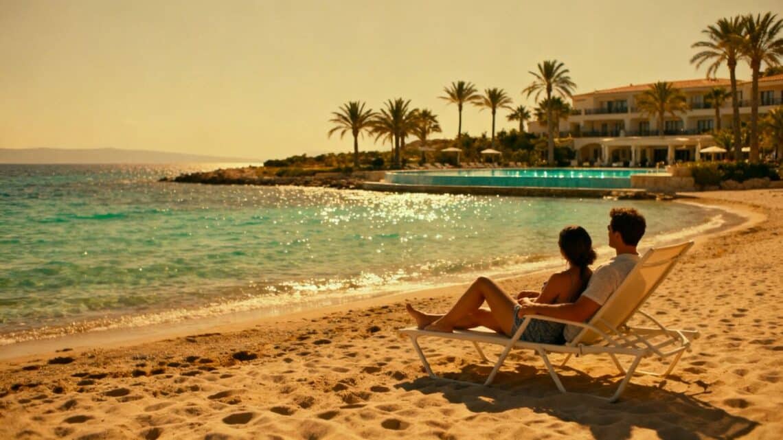 Couple relaxing on a European beach with a resort.