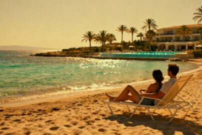 Couple relaxing on a European beach with a resort.