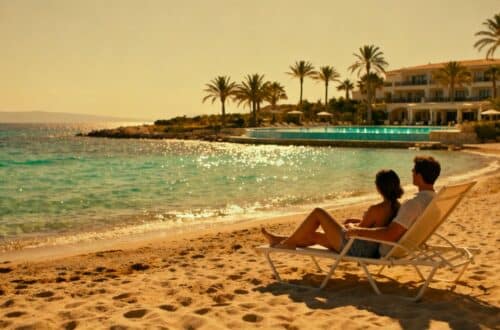 Couple relaxing on a European beach with a resort.
