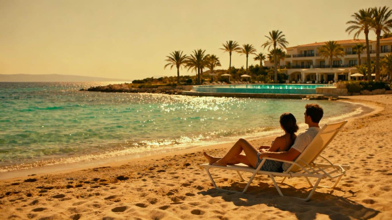 Couple relaxing on a European beach with a resort.