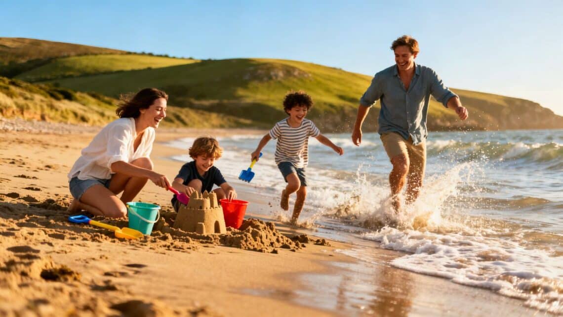 Family enjoying a sunny beach break in the UK.