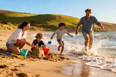Family enjoying a sunny beach break in the UK.