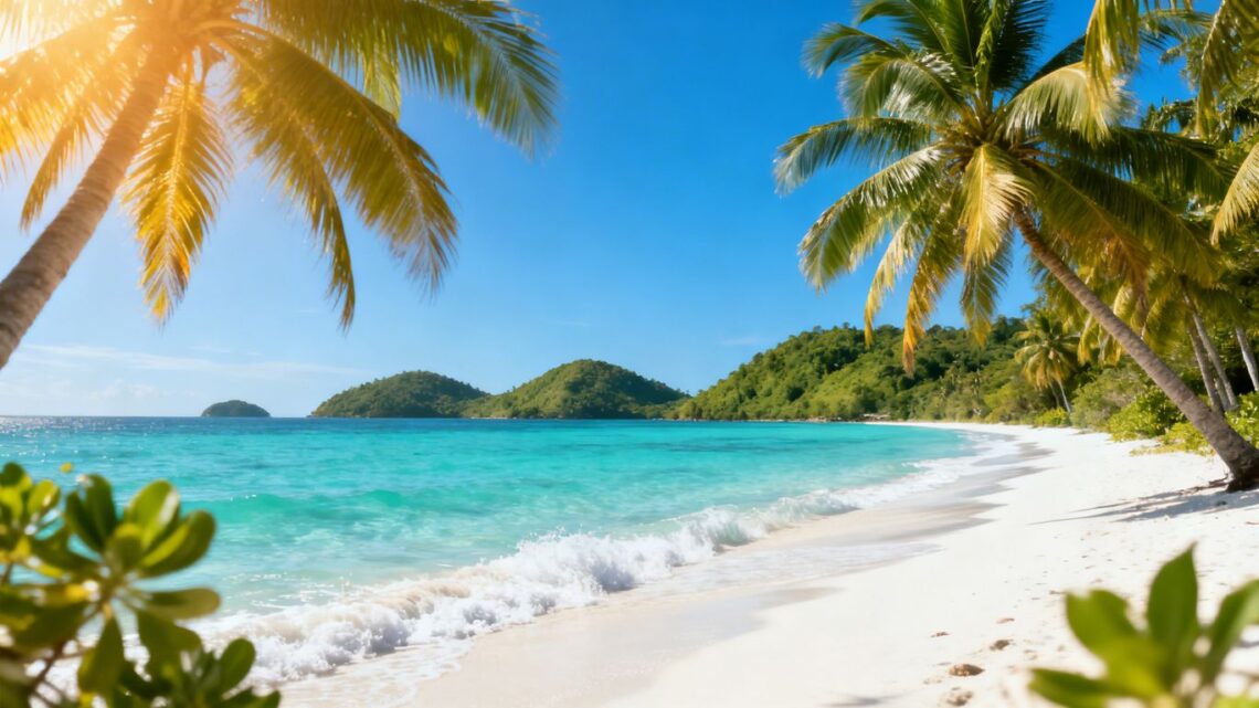 Tropical Caribbean beach with palm trees and clear blue water.