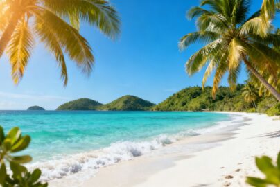 Tropical Caribbean beach with palm trees and clear blue water.