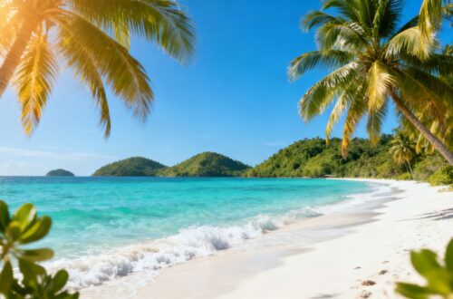 Tropical Caribbean beach with palm trees and clear blue water.