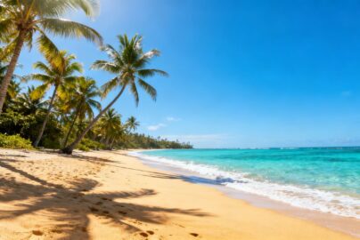 Tropical beach with palm trees and clear blue water.