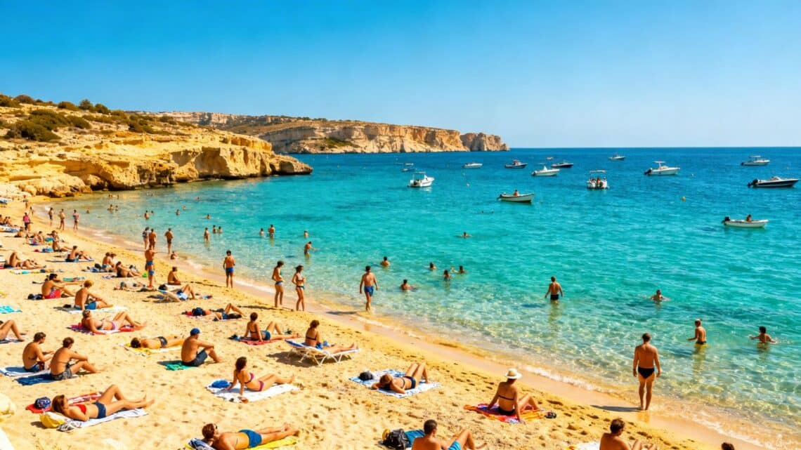 Crowded beach in Malta during peak tourist season.