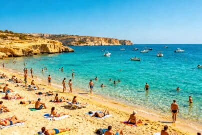 Crowded beach in Malta during peak tourist season.