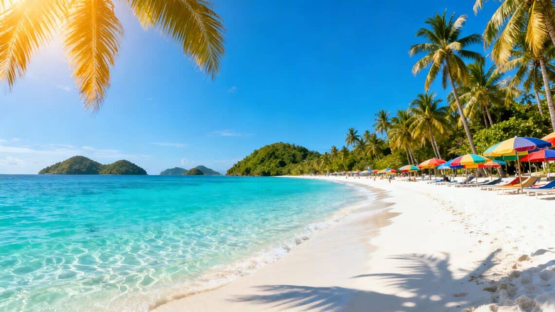 Tropical beach with clear water and palm trees.