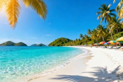 Tropical beach with clear water and palm trees.