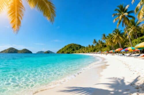 Tropical beach with clear water and palm trees.