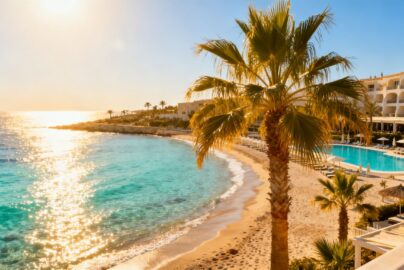 Cyprus beach resort with turquoise water and palm trees.