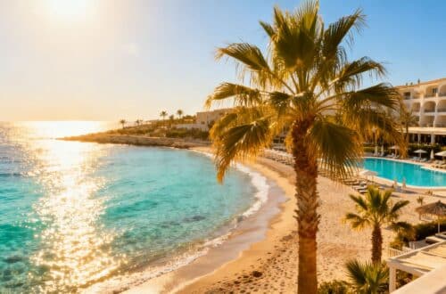 Cyprus beach resort with turquoise water and palm trees.