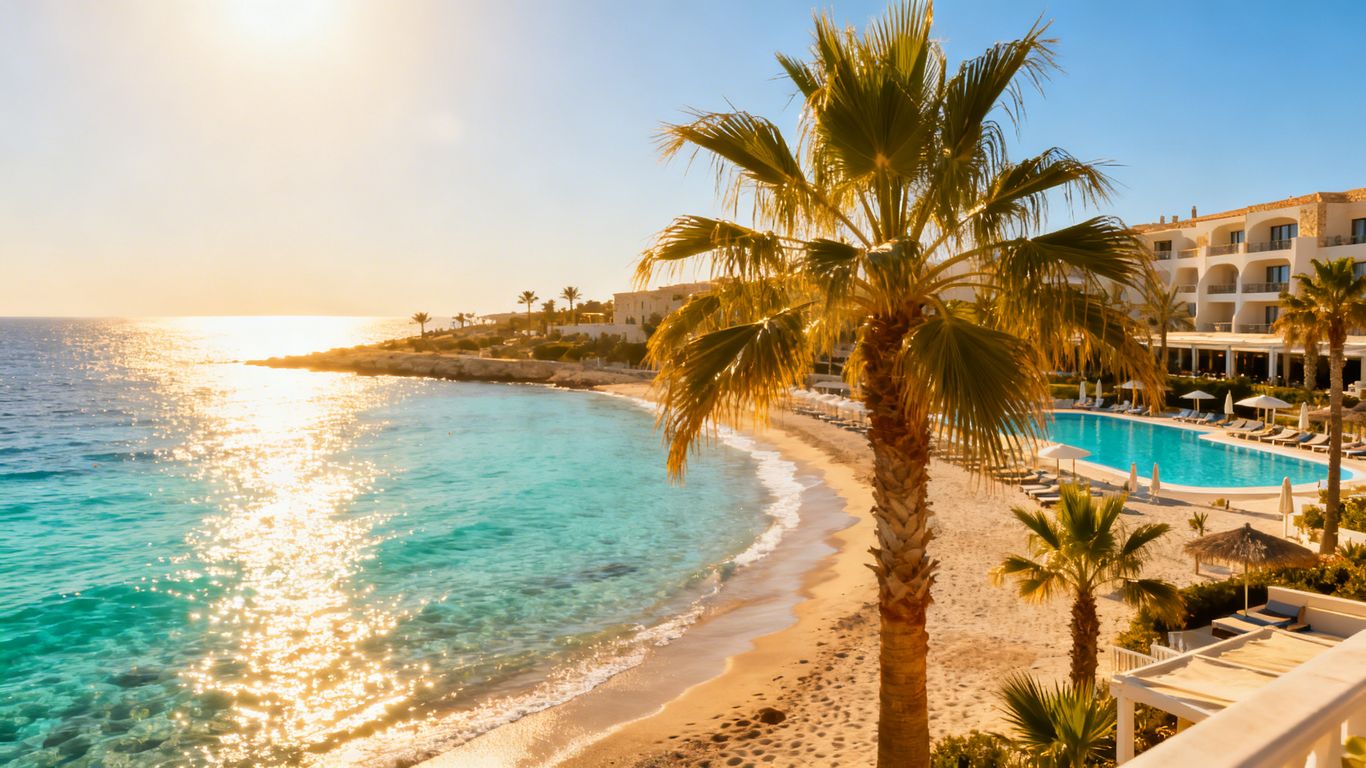Cyprus beach resort with turquoise water and palm trees.