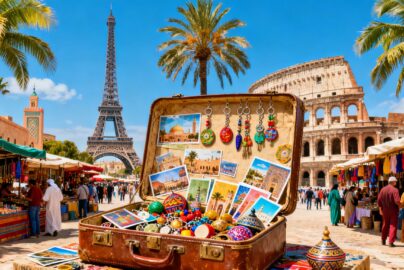 UK travel destinations collage with landmarks and suitcase.