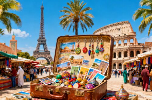 UK travel destinations collage with landmarks and suitcase.