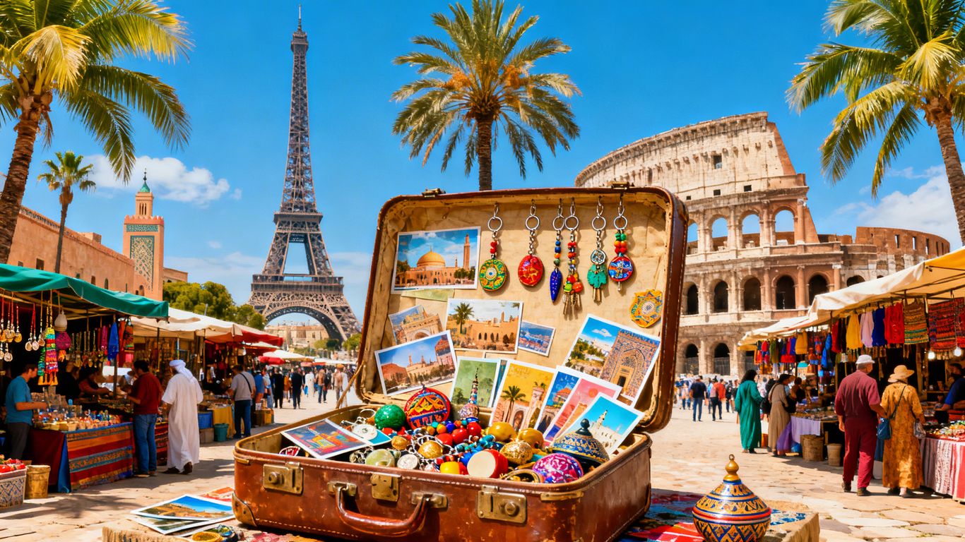 UK travel destinations collage with landmarks and suitcase.