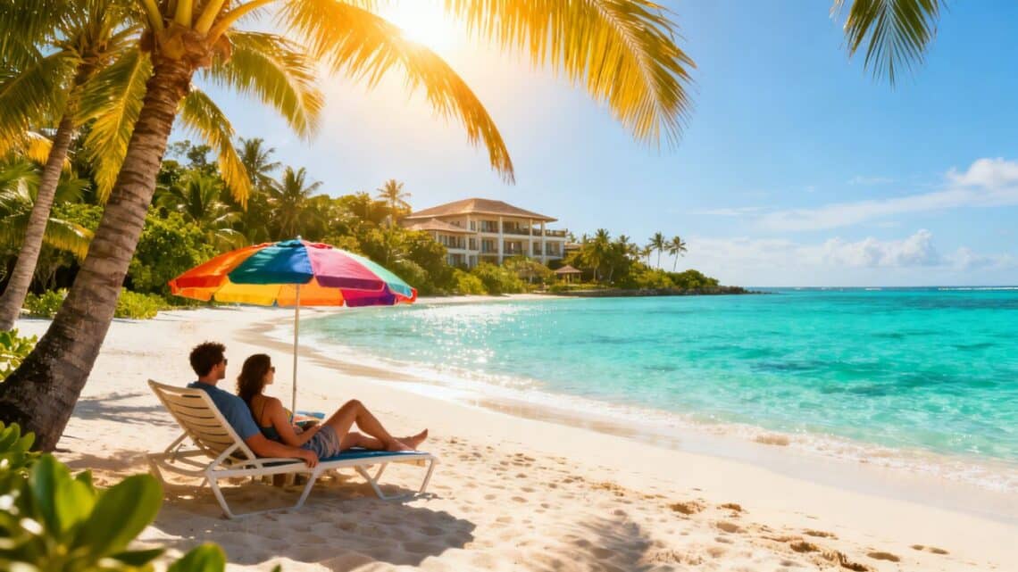 Couple relaxing on a tropical beach with resort in background.