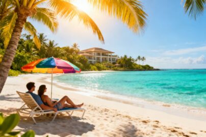 Couple relaxing on a tropical beach with resort in background.