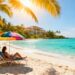 Couple relaxing on a tropical beach with resort in background.